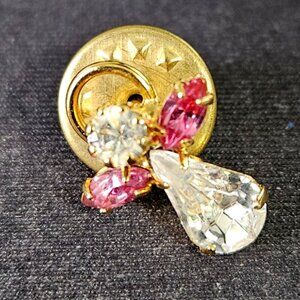 Vintage Angel Pin with Gold Tone Halo & Pink and Clear Rhinestones 5/8"